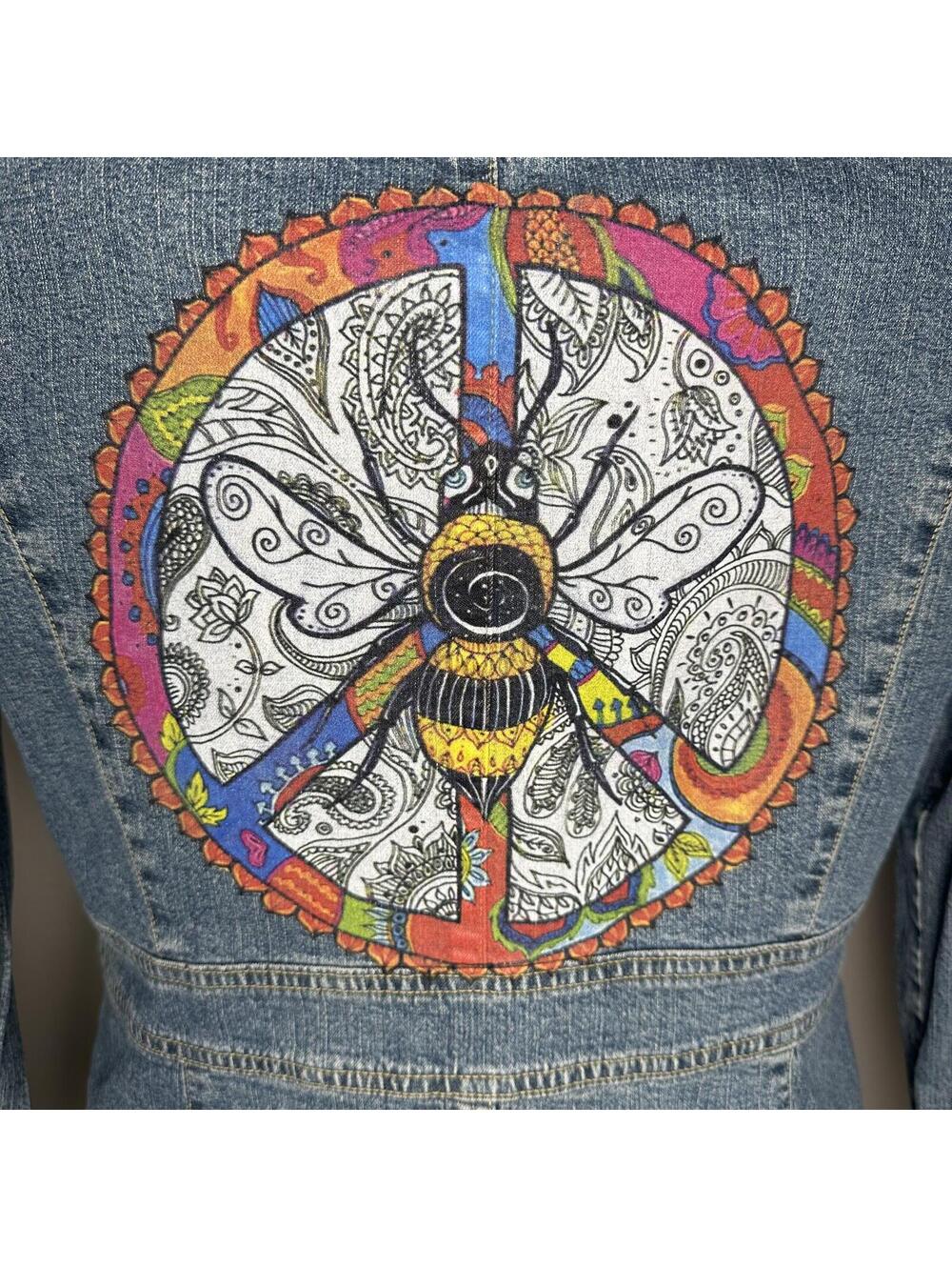 Axcess Vintage Y2K Denim Jacket Hand Painted Peace Sign Bee Boho Hippie - Picture 3 of 9
